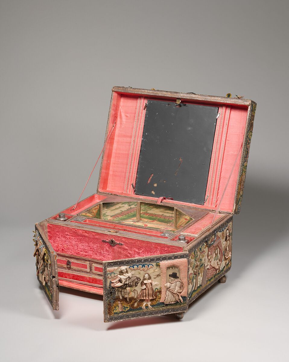 Cabinet with scenes from the Story of Esther, Wood; silk satin worked with silk, metal threads (metal strip wrapped silk, silk-wrapped coiled wire, wire) linen thread, seed pearls, mica, feathers; detached buttonhole, buttonhole filling variations; French knot, single knot, laid work, couching, satin, and stem stitches; metal thread trim (metal strip wrapped on silk core; metal strip) wood frame; silk lining; mirror glass, glass bottles; printed paper, British