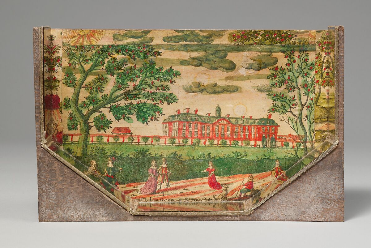 Cabinet with scenes from the Story of Esther, Wood; silk satin worked with silk, metal threads (metal strip wrapped silk, silk-wrapped coiled wire, wire) linen thread, seed pearls, mica, feathers; detached buttonhole, buttonhole filling variations; French knot, single knot, laid work, couching, satin, and stem stitches; metal thread trim (metal strip wrapped on silk core; metal strip) wood frame; silk lining; mirror glass, glass bottles; printed paper, British