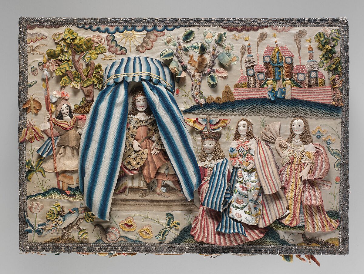 Cabinet with scenes from the Story of Esther, Wood; silk satin worked with silk, metal threads (metal strip wrapped silk, silk-wrapped coiled wire, wire) linen thread, seed pearls, mica, feathers; detached buttonhole, buttonhole filling variations; French knot, single knot, laid work, couching, satin, and stem stitches; metal thread trim (metal strip wrapped on silk core; metal strip) wood frame; silk lining; mirror glass, glass bottles; printed paper, British