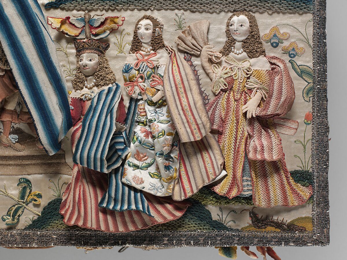 Cabinet with scenes from the Story of Esther, Wood; silk satin worked with silk, metal threads (metal strip wrapped silk, silk-wrapped coiled wire, wire) linen thread, seed pearls, mica, feathers; detached buttonhole, buttonhole filling variations; French knot, single knot, laid work, couching, satin, and stem stitches; metal thread trim (metal strip wrapped on silk core; metal strip) wood frame; silk lining; mirror glass, glass bottles; printed paper, British