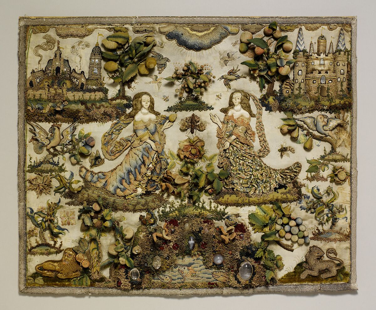 Two Ladies Personifying Taste and Touch (?), Silk satin worked with silk and metal thread, seed pearls, agate, carnelian, coral, rock crystal, glass beads, mica; detached buttonhole variations, tent, satin, long-and-short, seed, rococo, single knots, laid, and couching stitches, British 