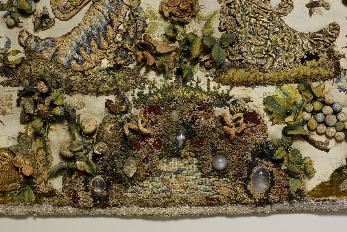 Two Ladies Personifying Taste and Touch (?), Silk satin worked with silk and metal thread, seed pearls, agate, carnelian, coral, rock crystal, glass beads, mica; detached buttonhole variations, tent, satin, long-and-short, seed, rococo, single knots, laid, and couching stitches, British