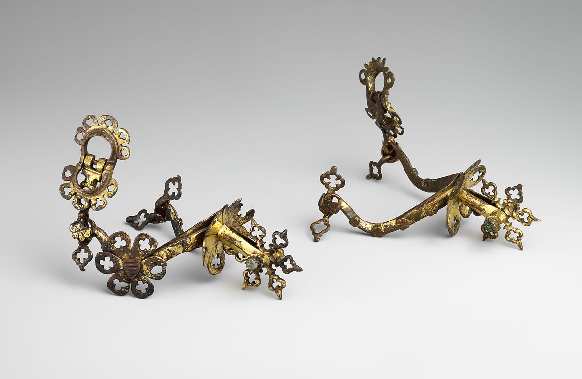 Pair of Rowel Spurs, Copper alloy, enamel, gold, glass, glass paste, French or Italian 