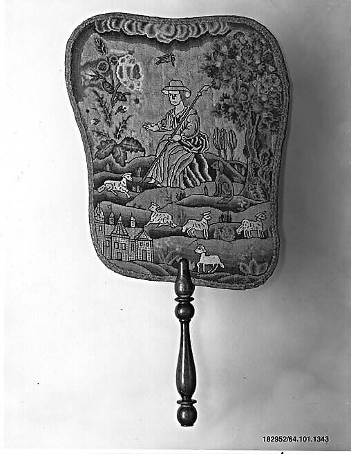 Pair of hand screens, Silk and wool on canvas, British