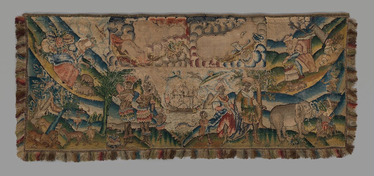 Panel from a table carpet showing the Four Continents, the Seasons, and Four Planets, Linen and silk satin, embroidered with silk and wool, passementerie of silk thread, silk-wrapped parchment, and metal, British