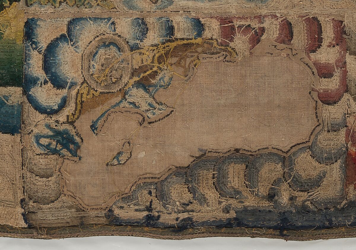 Panel from a table carpet showing the Four Continents, the Seasons, and Four Planets, Linen and silk satin, embroidered with silk and wool, passementerie of silk thread, silk-wrapped parchment, and metal, British