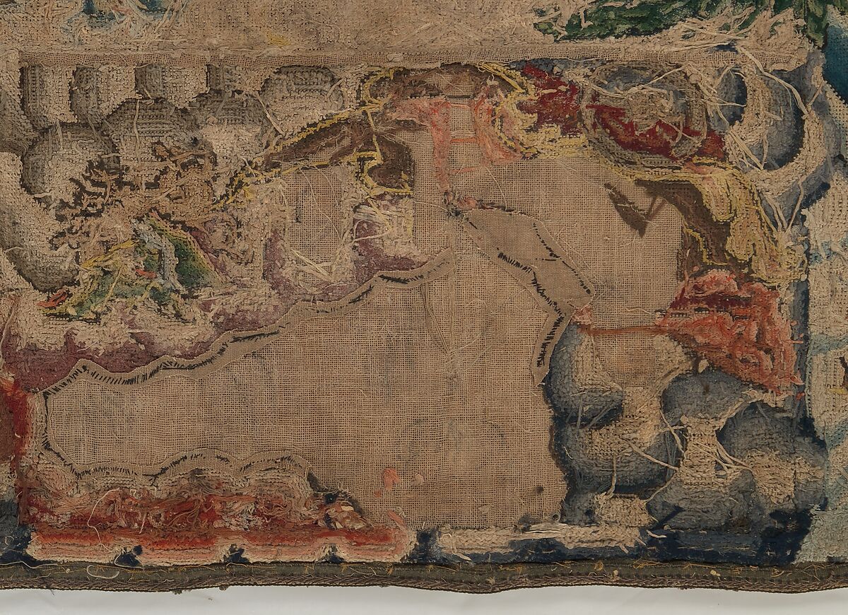 Panel from a table carpet showing the Four Continents, the Seasons, and Four Planets, Linen and silk satin, embroidered with silk and wool, passementerie of silk thread, silk-wrapped parchment, and metal, British
