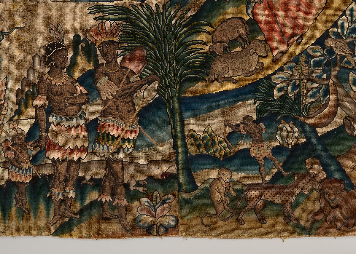 Panel from a table carpet showing the Four Continents, the Seasons, and Four Planets, Linen and silk satin, embroidered with silk and wool, passementerie of silk thread, silk-wrapped parchment, and metal, British