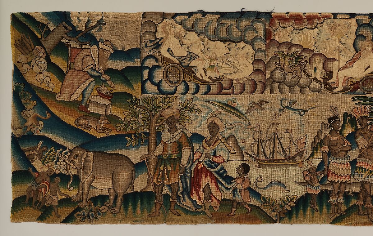 Panel from a table carpet showing the Four Continents, the Seasons, and Four Planets, Linen and silk satin, embroidered with silk and wool, passementerie of silk thread, silk-wrapped parchment, and metal, British