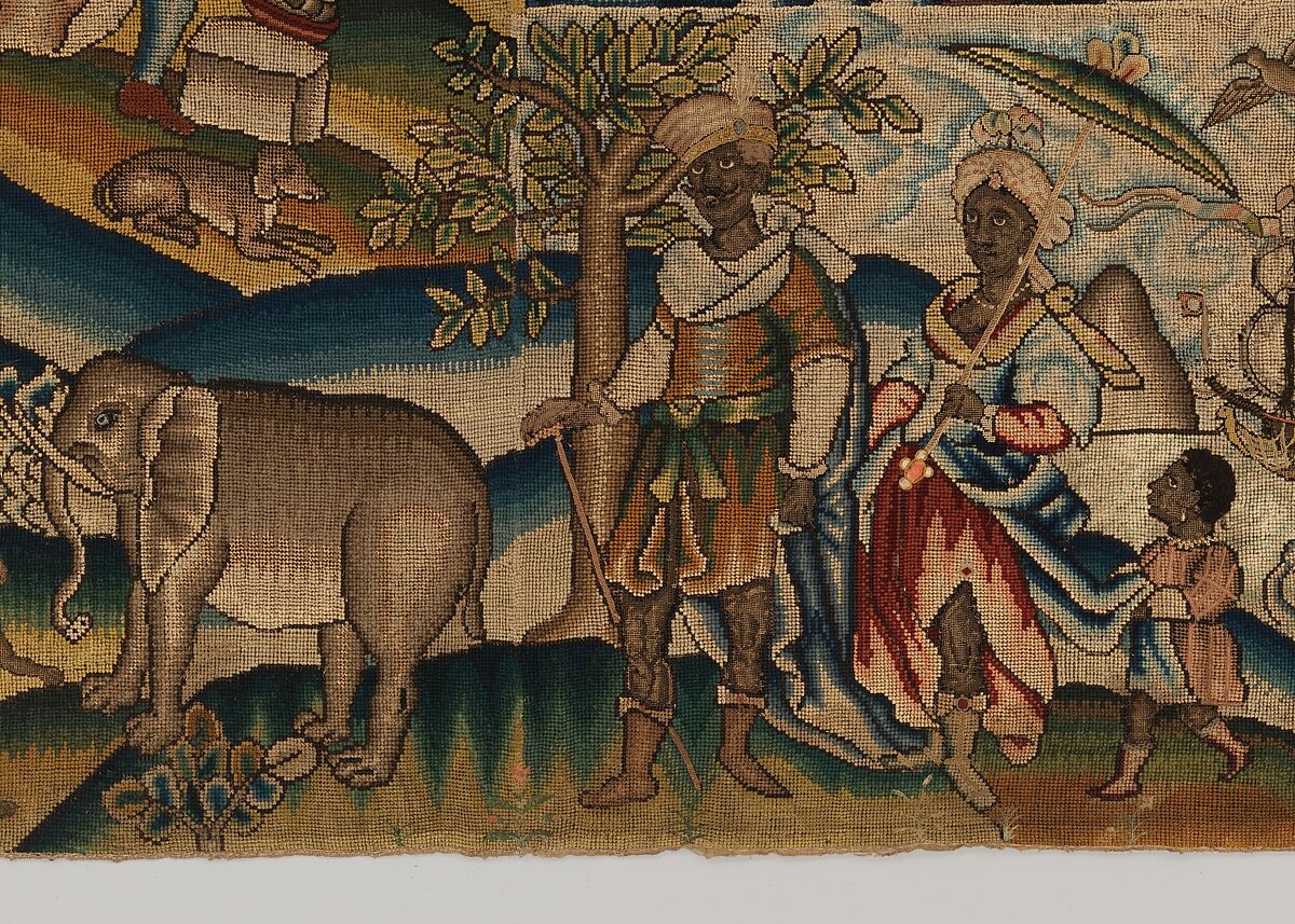 Panel from a table carpet showing the Four Continents, the Seasons, and Four Planets, Linen and silk satin, embroidered with silk and wool, passementerie of silk thread, silk-wrapped parchment, and metal, British