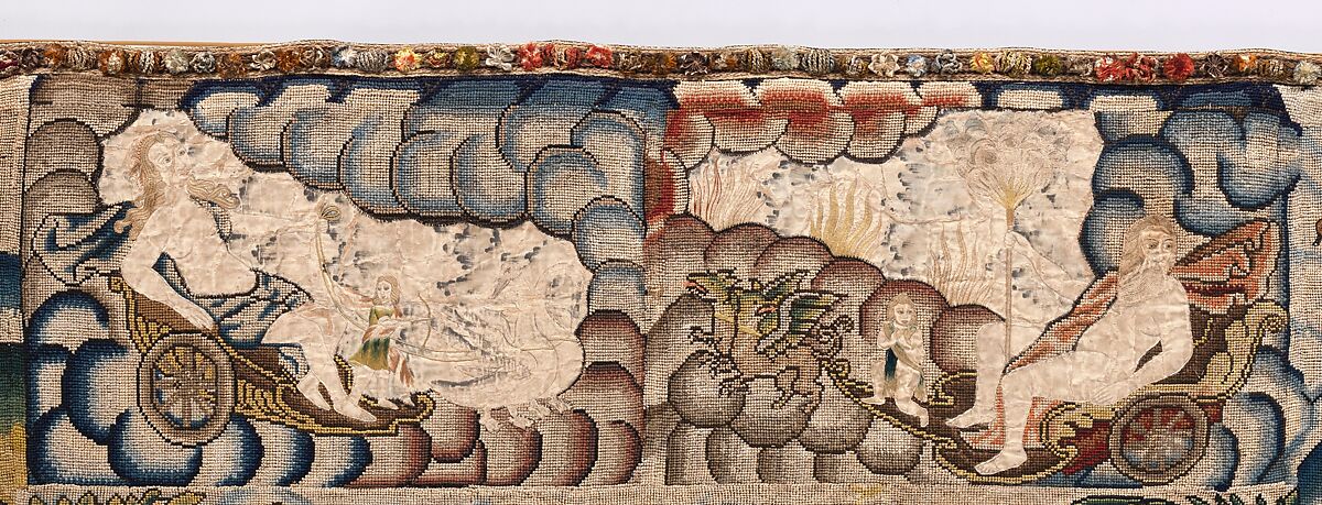 Panel from a table carpet showing the Four Continents, the Seasons, and Four Planets, Linen and silk satin, embroidered with silk and wool, passementerie of silk thread, silk-wrapped parchment, and metal, British