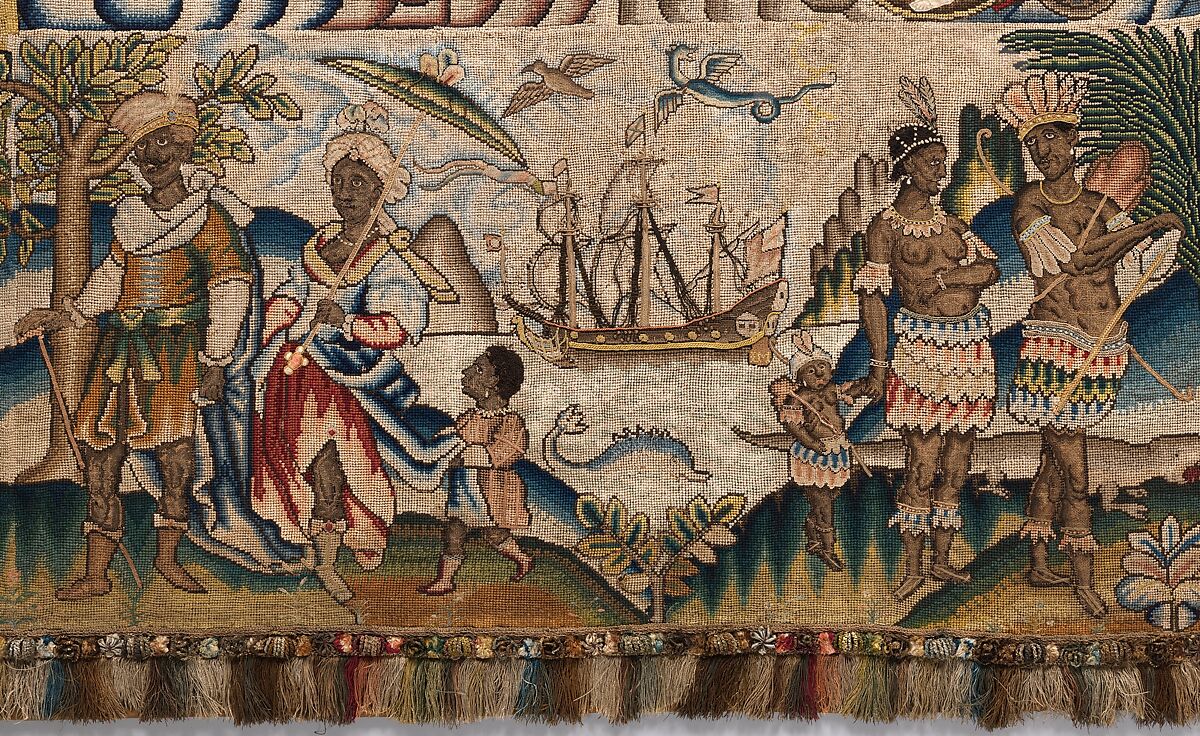 Panel from a table carpet showing the Four Continents, the Seasons, and Four Planets, Linen and silk satin, embroidered with silk and wool, passementerie of silk thread, silk-wrapped parchment, and metal, British