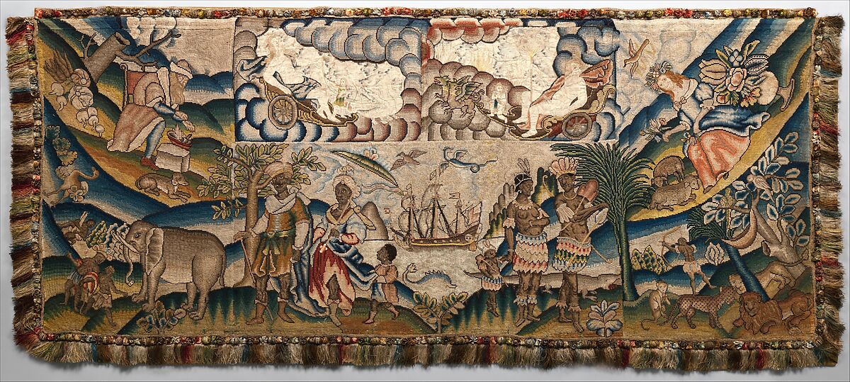 Panel from a table carpet showing the Four Continents, the Seasons, and Four Planets, Linen and silk satin, embroidered with silk and wool, passementerie of silk thread, silk-wrapped parchment, and metal, British 