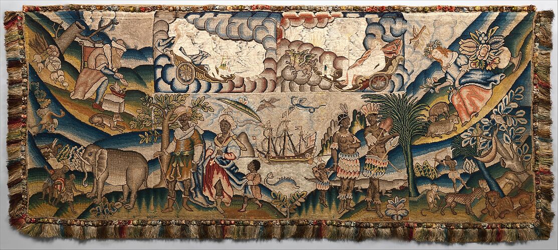 Panel from a table carpet showing the Four Continents, the Seasons, and Four Planets