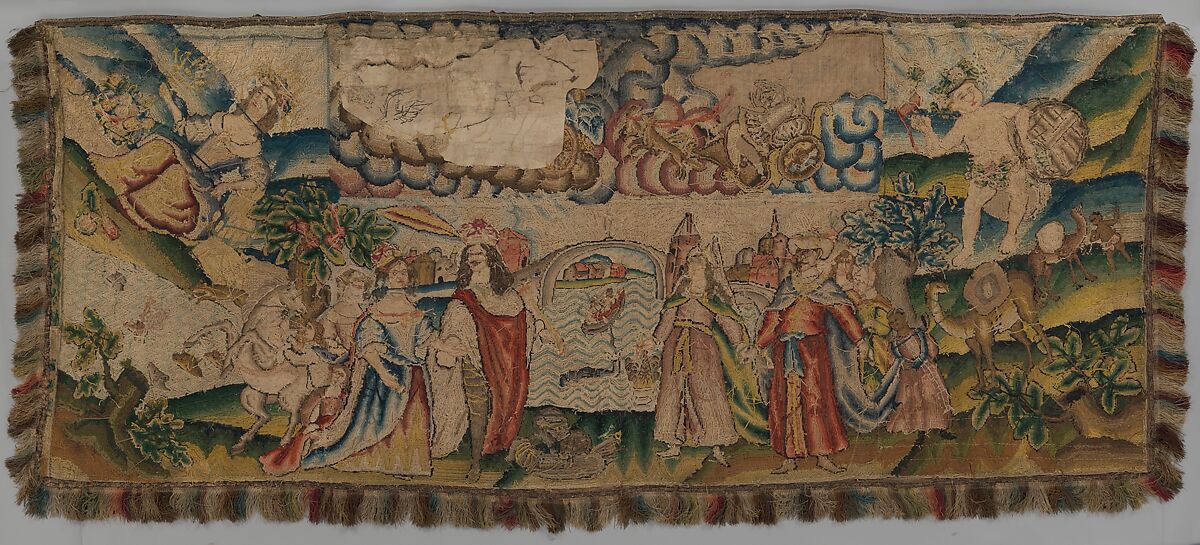 Panel from a table carpet showing the Four Continents, the Seasons, and Four Planets, Linen and silk satin, embroidered with silk and wool, passementerie of silk thread, silk-wrapped parchment, and metal, British