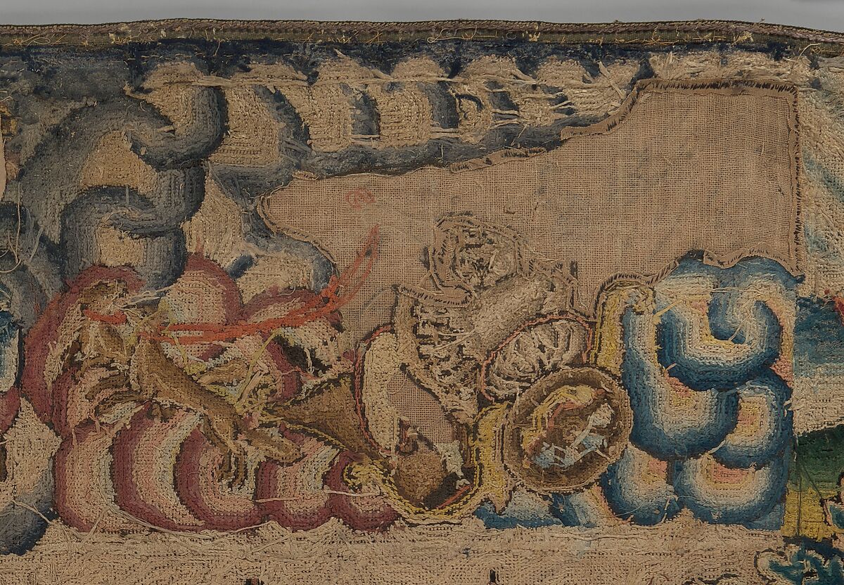 Panel from a table carpet showing the Four Continents, the Seasons, and Four Planets, Linen and silk satin, embroidered with silk and wool, passementerie of silk thread, silk-wrapped parchment, and metal, British