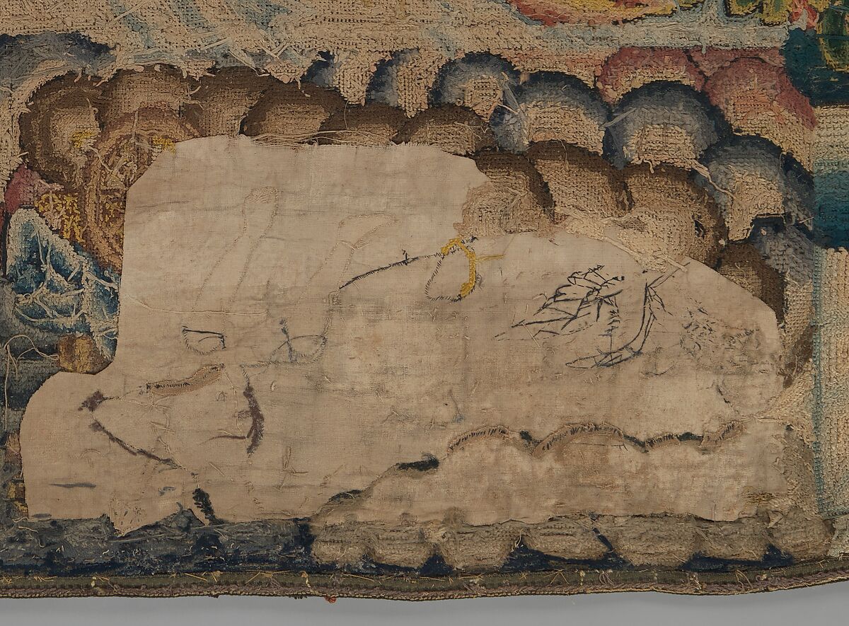 Panel from a table carpet showing the Four Continents, the Seasons, and Four Planets, Linen and silk satin, embroidered with silk and wool, passementerie of silk thread, silk-wrapped parchment, and metal, British