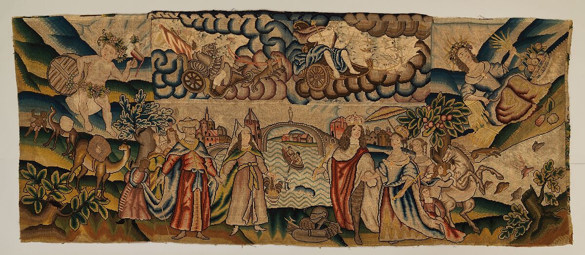 Panel from a table carpet showing the Four Continents, the Seasons, and Four Planets, Linen and silk satin, embroidered with silk and wool, passementerie of silk thread, silk-wrapped parchment, and metal, British