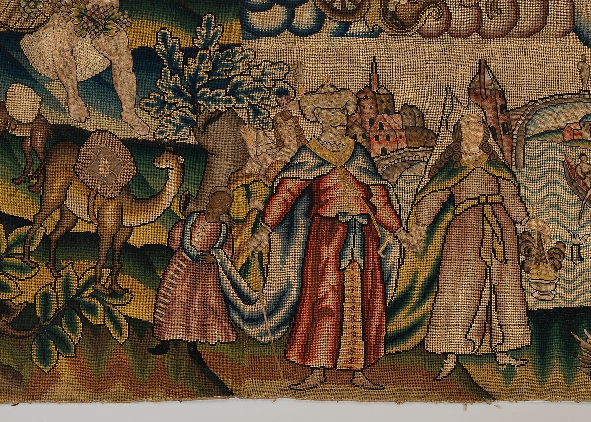 Panel from a table carpet showing the Four Continents, the Seasons, and Four Planets, Linen and silk satin, embroidered with silk and wool, passementerie of silk thread, silk-wrapped parchment, and metal, British