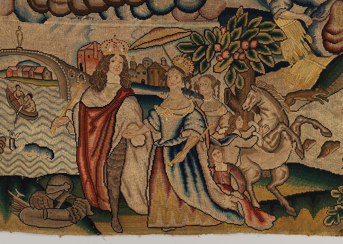 Panel from a table carpet showing the Four Continents, the Seasons, and Four Planets, Linen and silk satin, embroidered with silk and wool, passementerie of silk thread, silk-wrapped parchment, and metal, British