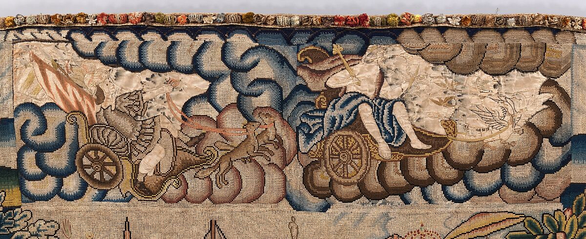 Panel from a table carpet showing the Four Continents, the Seasons, and Four Planets, Linen and silk satin, embroidered with silk and wool, passementerie of silk thread, silk-wrapped parchment, and metal, British
