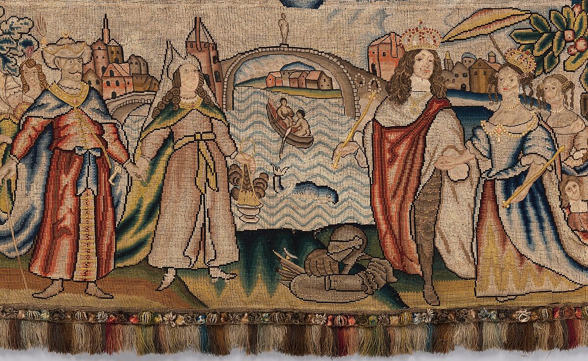 Panel from a table carpet showing the Four Continents, the Seasons, and Four Planets, Linen and silk satin, embroidered with silk and wool, passementerie of silk thread, silk-wrapped parchment, and metal, British