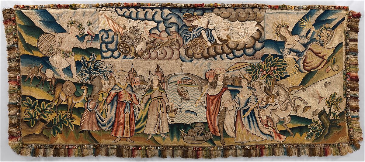 Panel from a table carpet showing the Four Continents, the Seasons, and Four Planets, Linen and silk satin, embroidered with silk and wool, passementerie of silk thread, silk-wrapped parchment, and metal, British 