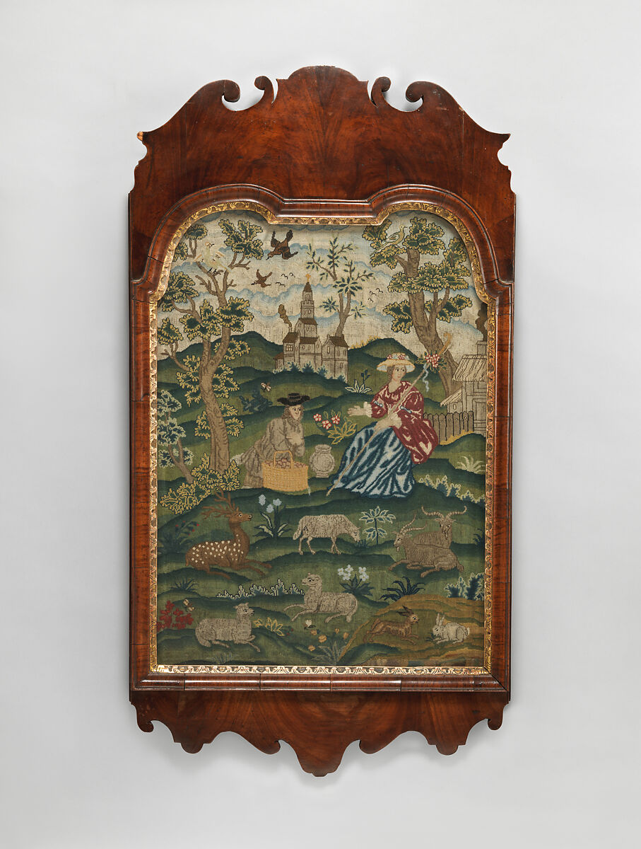 Embroidered picture of pastoral scene, Wool and silk on canvas, British 