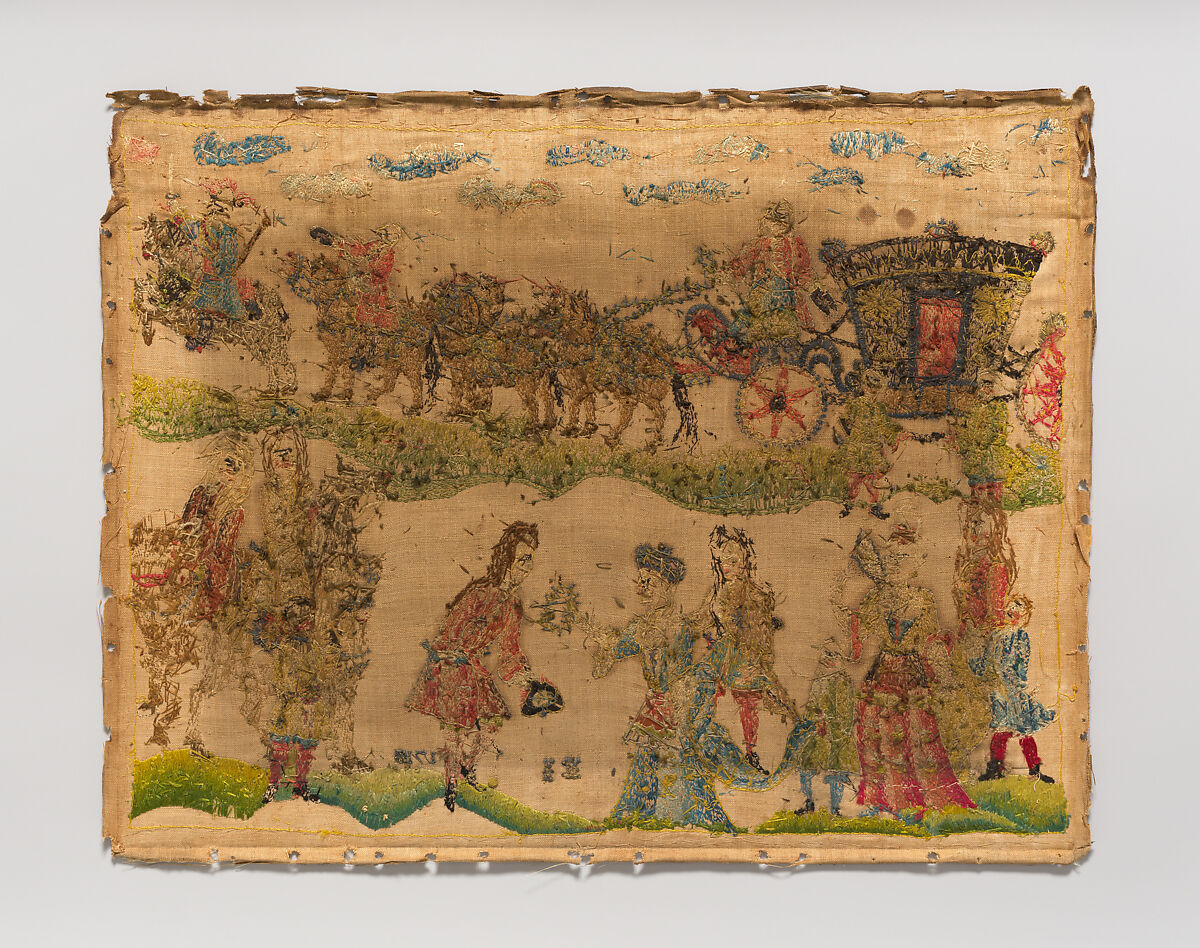 Embroidered picture of Queen Anne and the Duke of Marlborough, Silk, wool, beads, isinglass, and metal thread on satin, British