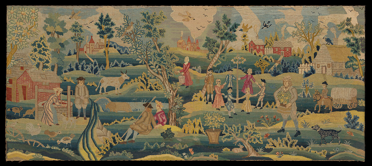 Embroidered picture with Maypole scene, Silk and wool on canvas, British 