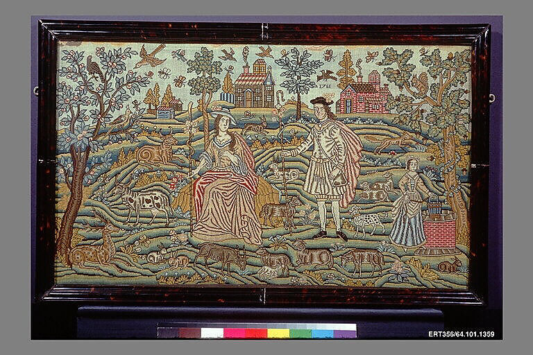 Embroidered picture with pastoral scene, Silk on canvas, British