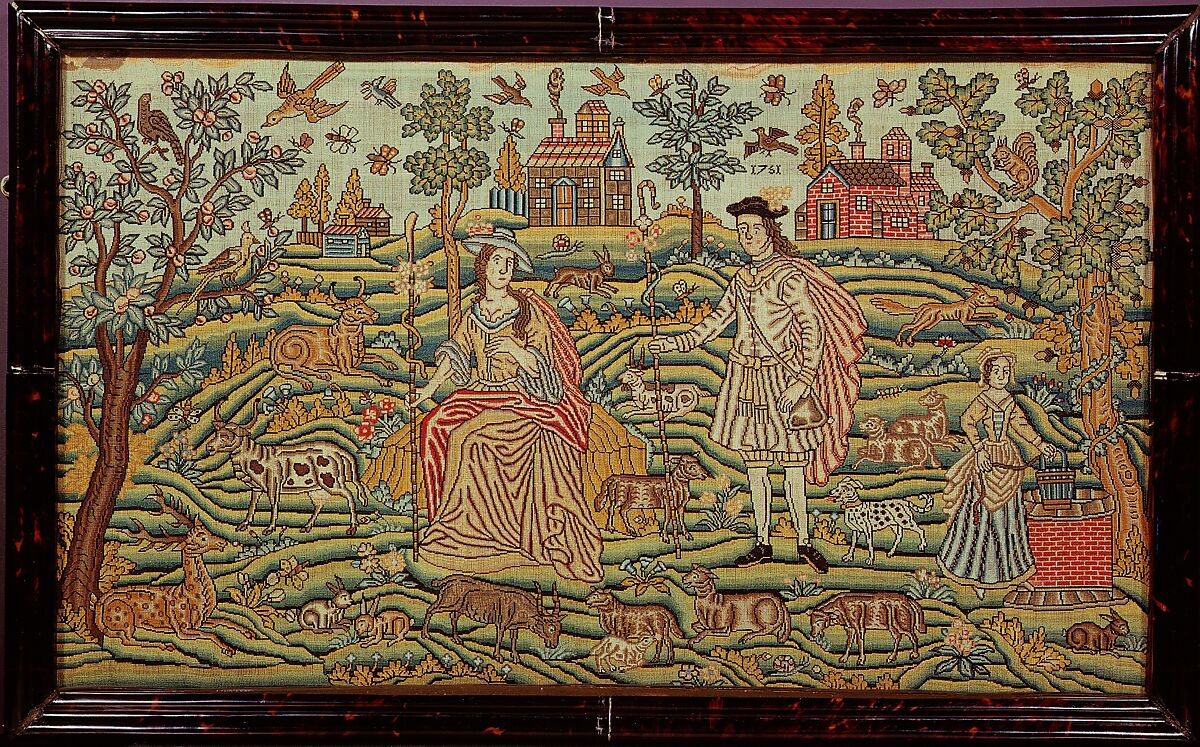Embroidered picture with pastoral scene, Silk on canvas, British 