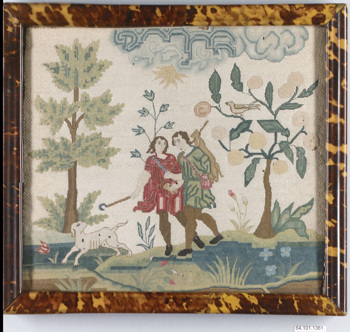 Embroidered picture with hunting scene, Silk and metal thread on canvas, British 