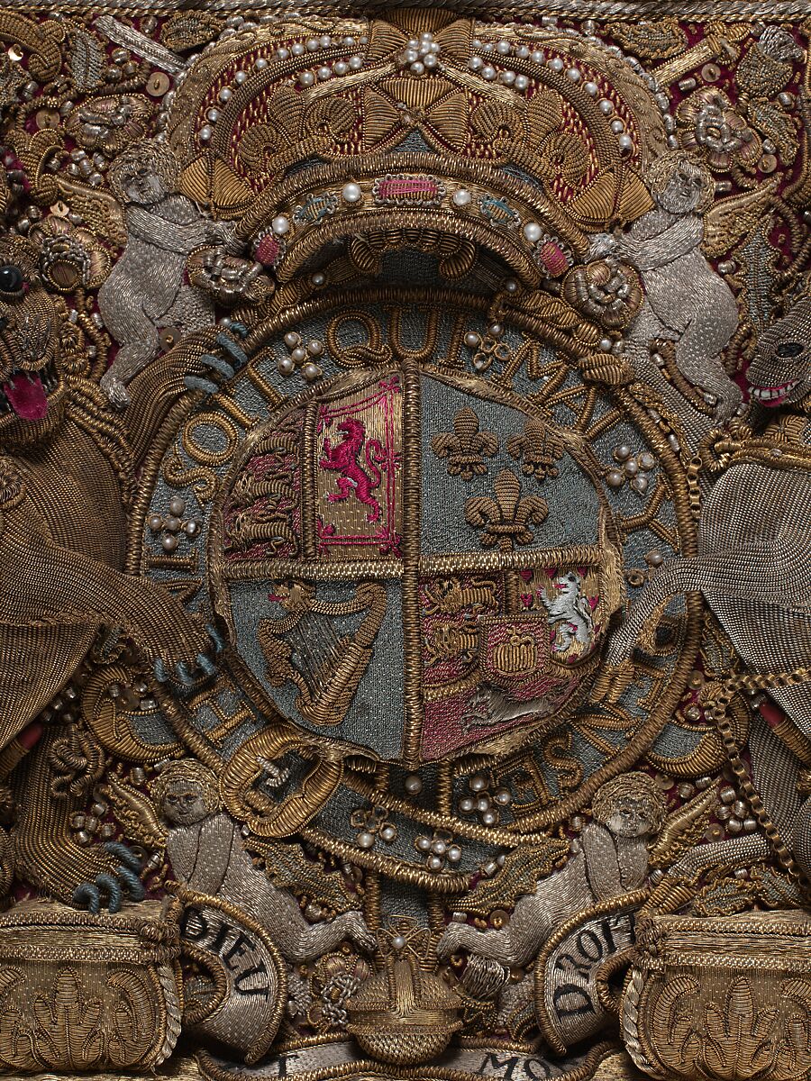 Burse, Pearls, garnets, silk and metal thread on velvet, British