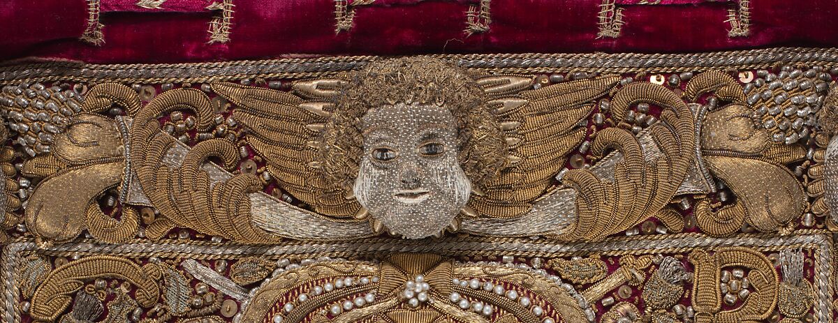 Burse, Pearls, garnets, silk and metal thread on velvet, British