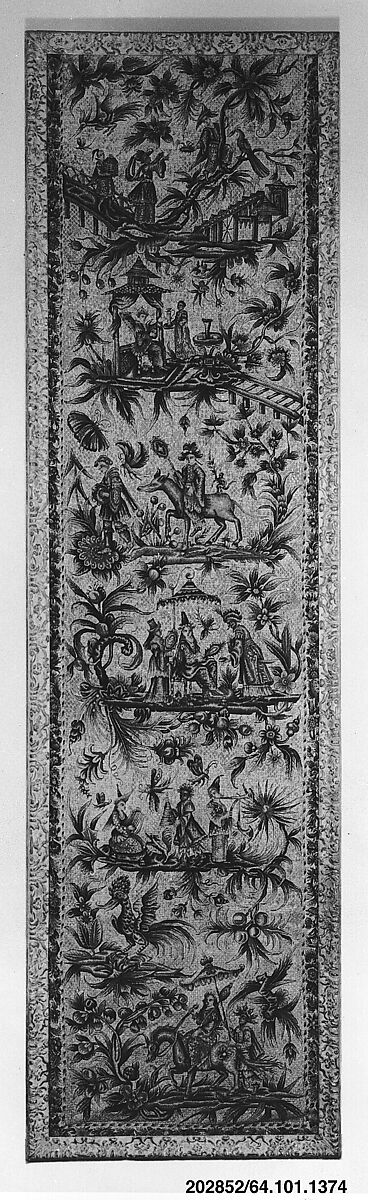 Embroidered panel with chinoiserie scenes, Wool and silk on canvas, French
