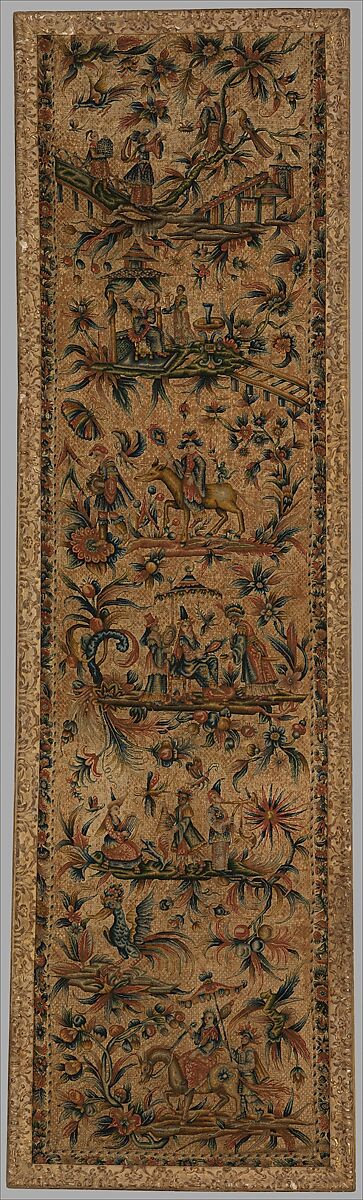 Embroidered panel with chinoiserie scenes, Wool and silk on canvas, French 
