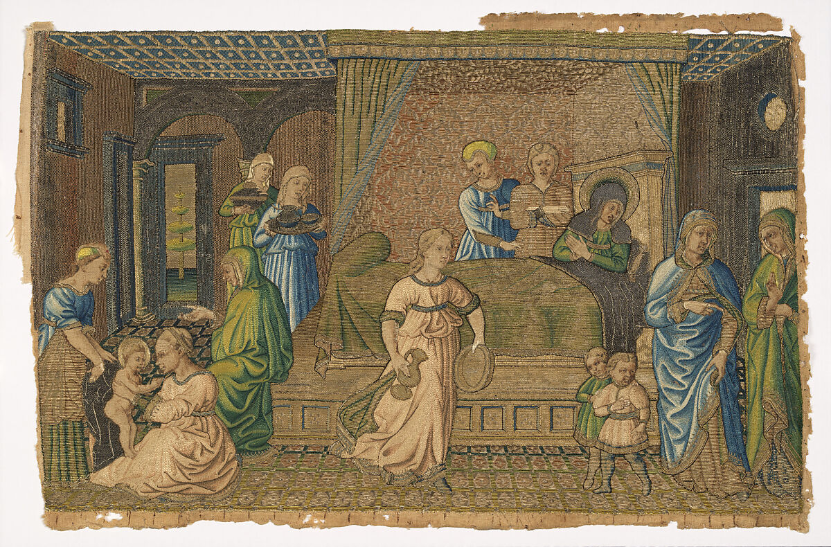 The Birth of John the Baptist, Design attributed to Benozzo Gozzoli (Benozzo di Lese di Sandro) (Italian, Florence ca. 1420–1497 Pistoia), Or nué embroidery of silk and metal thread, Italian, probably Florence 