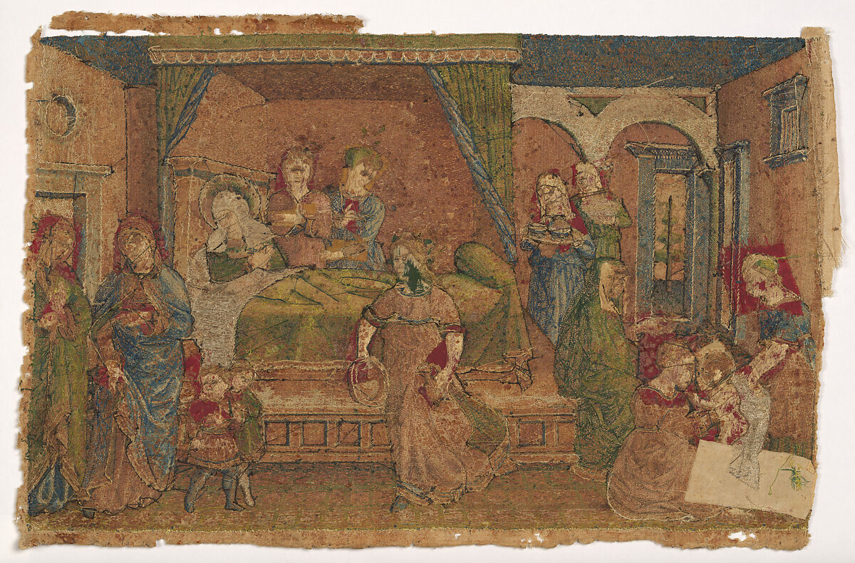 The Birth of John the Baptist, Design attributed to Benozzo Gozzoli (Benozzo di Lese di Sandro) (Italian, Florence ca. 1420–1497 Pistoia), Or nué embroidery of silk and metal thread, Italian, probably Florence