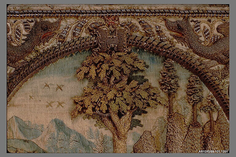 Penitent Saint Mary Magdalene in a Landscape, Silk, metal thread and pearls on silk, Flemish, Antwerp