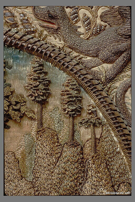 Penitent Saint Mary Magdalene in a Landscape, Silk, metal thread and pearls on silk, Flemish, Antwerp