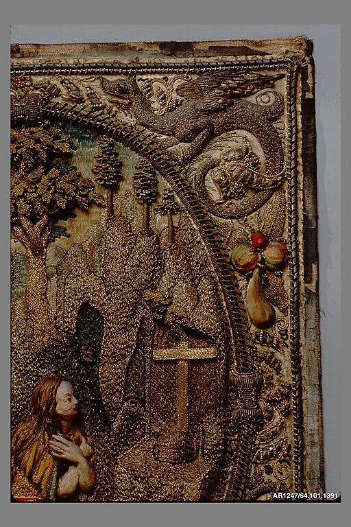 Penitent Saint Mary Magdalene in a Landscape, Silk, metal thread and pearls on silk, Flemish, Antwerp