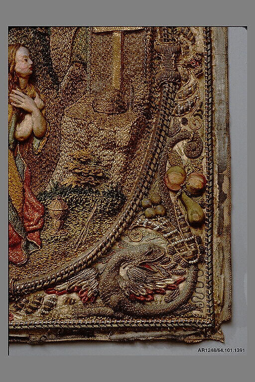 Penitent Saint Mary Magdalene in a Landscape, Silk, metal thread and pearls on silk, Flemish, Antwerp