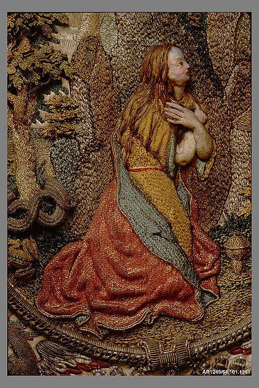 Penitent Saint Mary Magdalene in a Landscape, Silk, metal thread and pearls on silk, Flemish, Antwerp