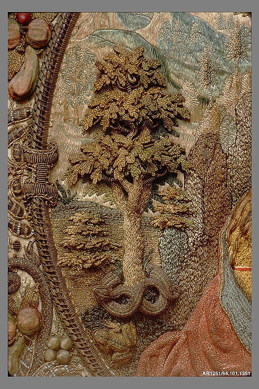 Penitent Saint Mary Magdalene in a Landscape, Silk, metal thread and pearls on silk, Flemish, Antwerp