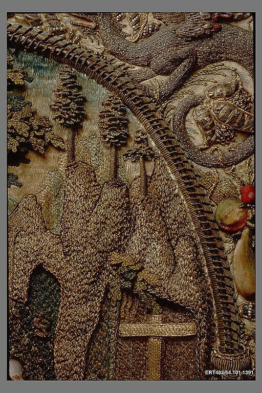 Penitent Saint Mary Magdalene in a Landscape, Silk, metal thread and pearls on silk, Flemish, Antwerp