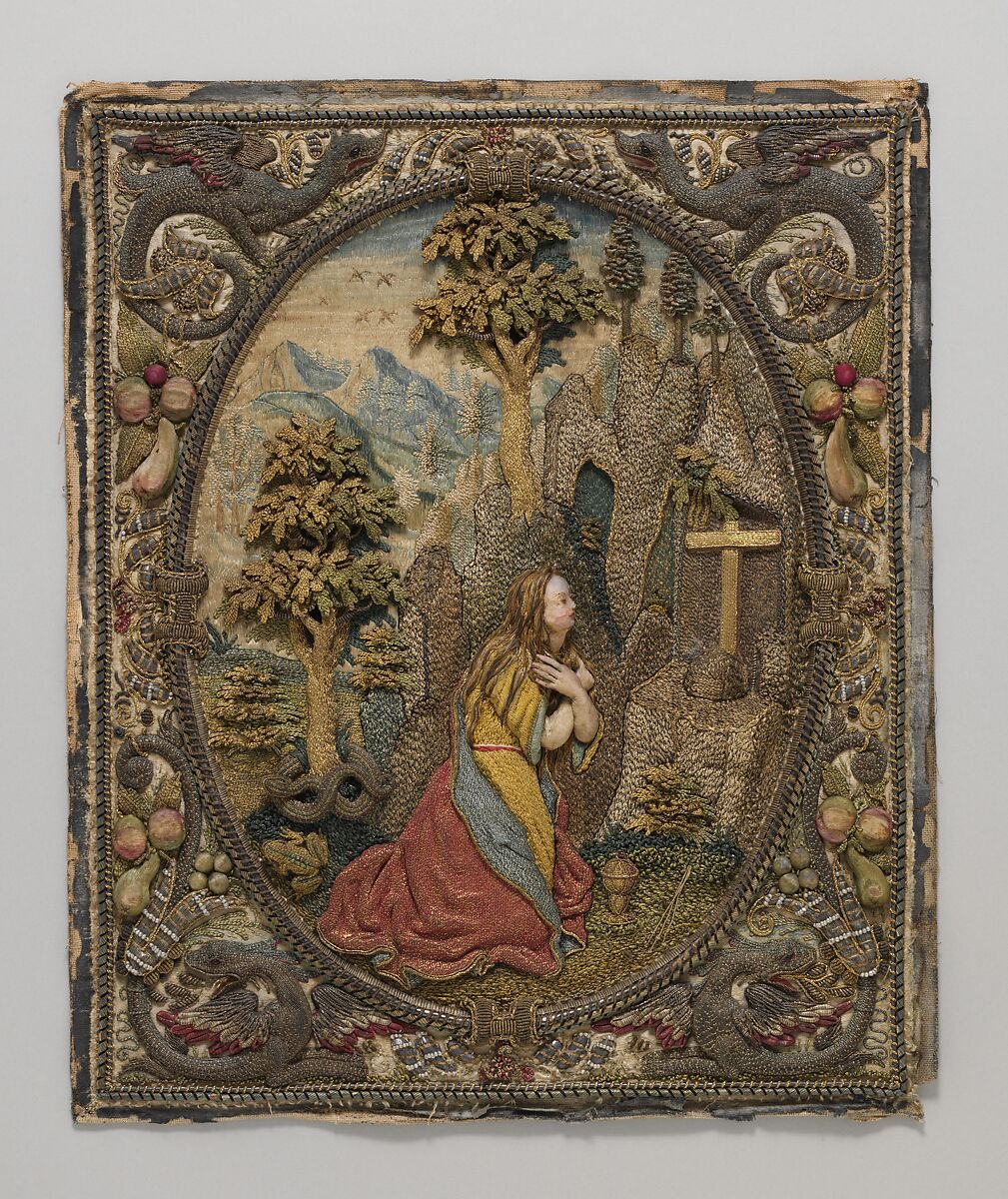 Embroidered picture, Silk, metal thread and pearls on silk, Flemish 