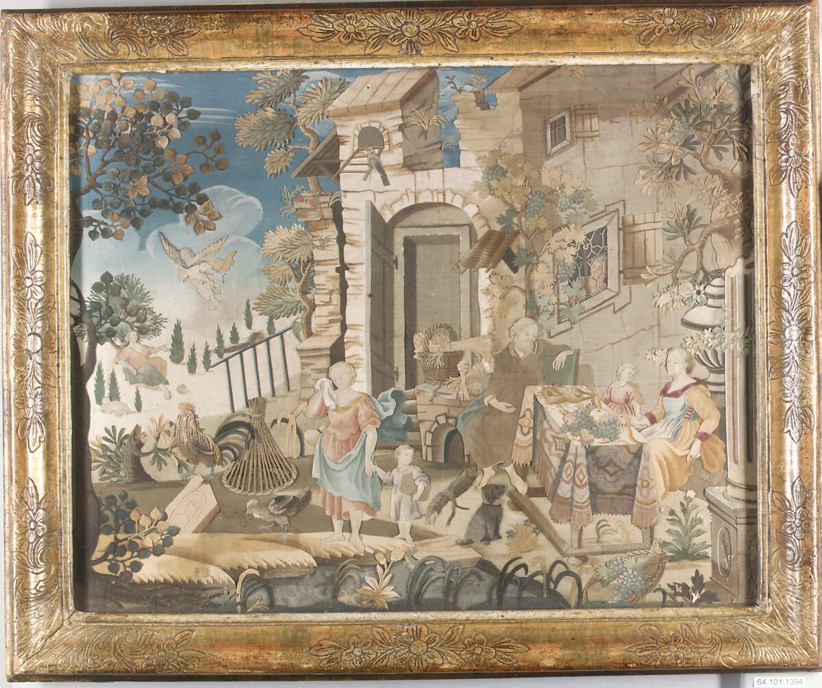 Collage picture with scenes from the Story of Abraham, Paper, silk and isinglass, Austrian 