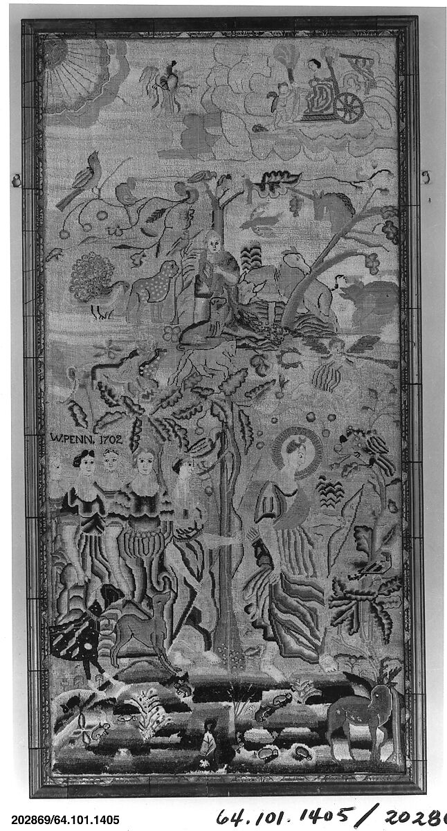 Embroidered picture with mythological scenes, Silk, wool and metal thread on canvas, British 