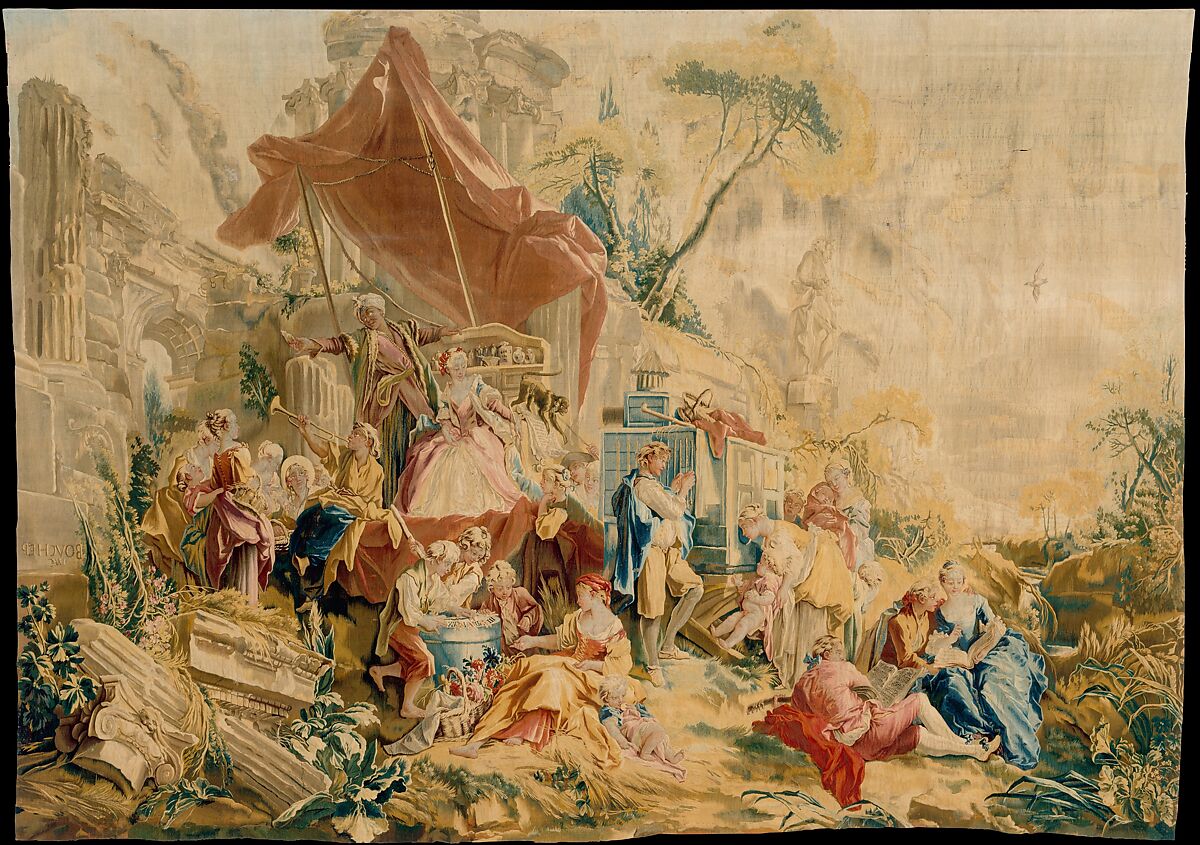 The Charlatan and the Peep Show from a set of the Italian Village Scenes, Designed by François Boucher (French, Paris 1703–1770 Paris), Wool, silk (21-23 warps per inch, 8-9 per cm.), French, Beauvais 